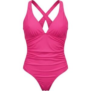 Love Life Womens Hot Pink Ruched V-Neck Crisscross Back One Piece Swimsuit Large